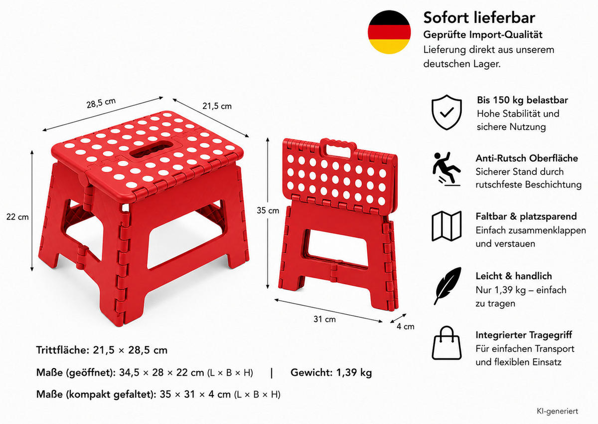 KLAPPHOCKER faltbar mit Anti-Rutsch Beschichtung, Tritthocker H 22 cm bis 150 KG belastbar, Rot - Rot, Paraffin (21.5/22/28.5cm)