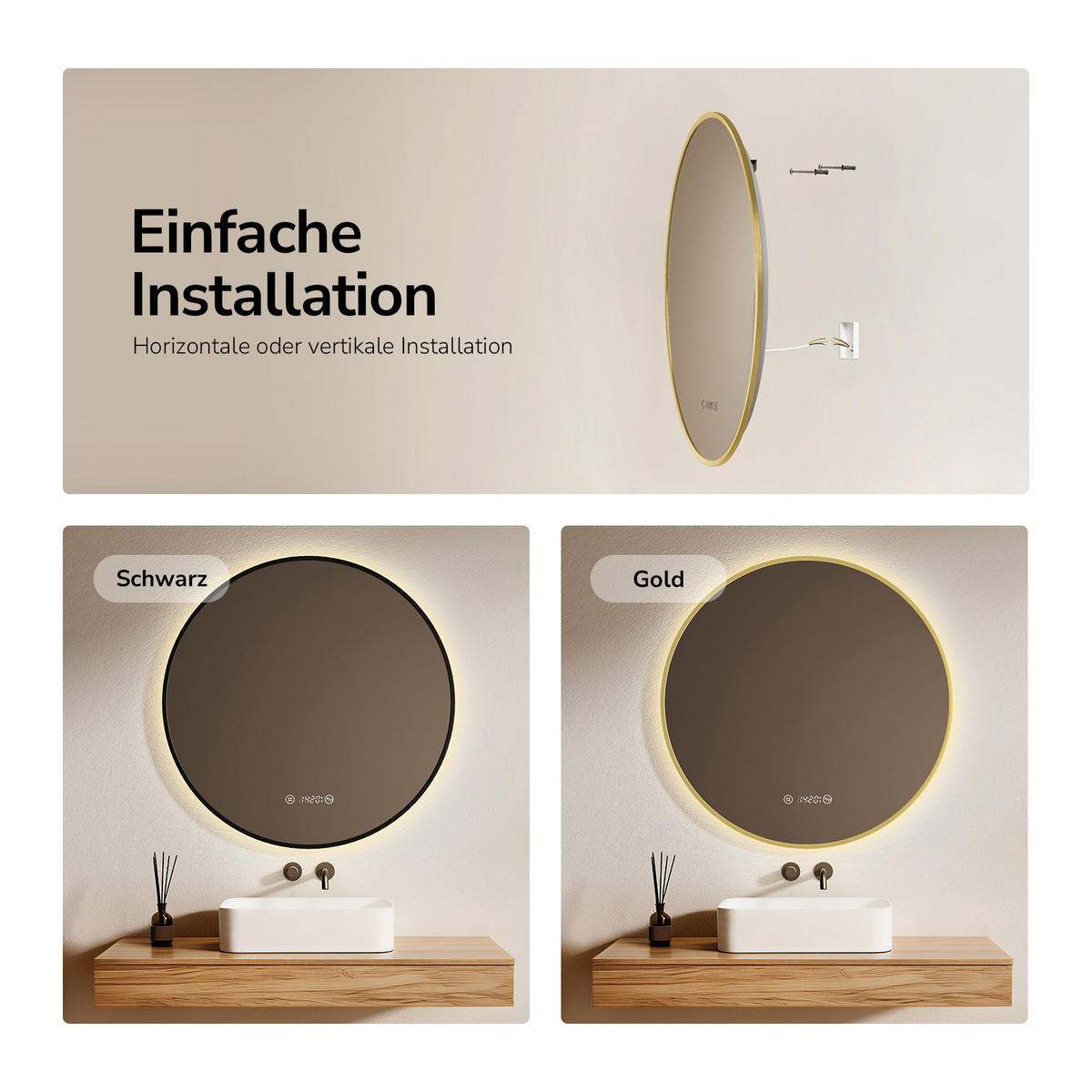 BADSPIEGEL Rund mit Beleuchtung Schwarz ф70 cm - Schwarz, Glas (70/3.1/70cm) - EMKE