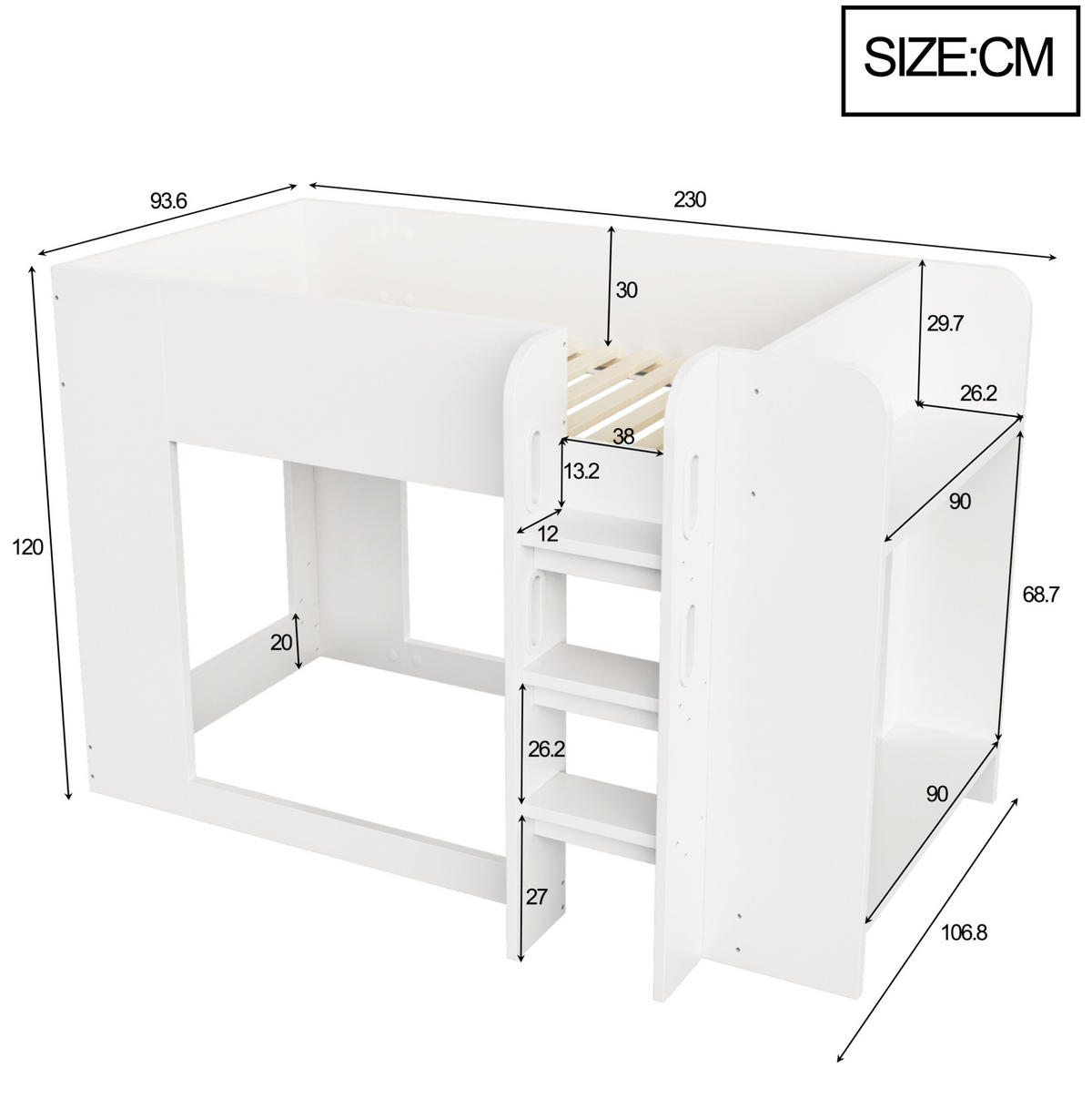 ETAGENBETT aus Sperrholz und MDF 90x200 cm Weiß mit Sicherheitsgitter, Leiter und Ablagefächern - Weiß, Holzwerkstoff (90/200cm) - Modfu
