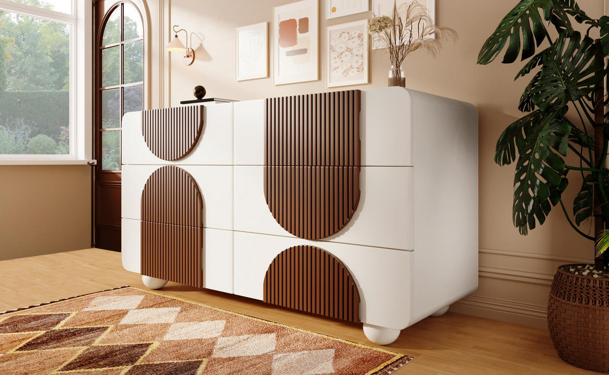KOMMODE, 6 Schubladen – weiße Holzoptik mit schokoladenfarbenen Leisten, geschwungenes Design, 121x41x71 cm, Weiß - Weiß, Holzwerkstoff (41/71/121cm) - Modfu