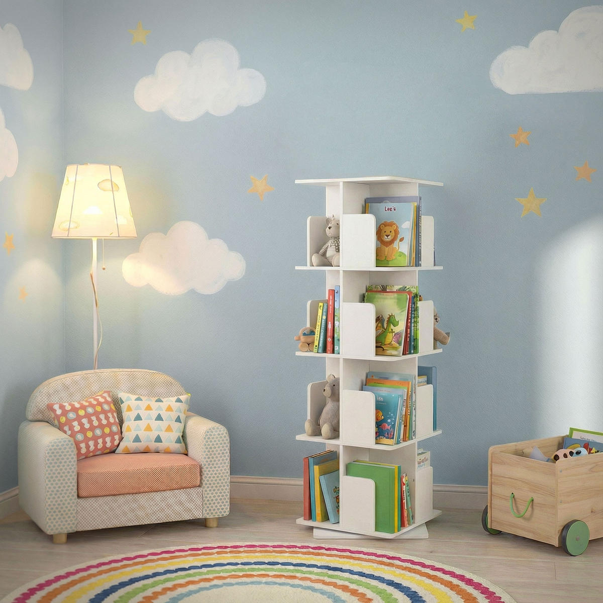 BÜCHERREGAL Kinder mit 4 Ebenen Weiß 40x124,5x40 cm Drehbar 360 Grad - Weiß, Holzwerkstoff (40/124.5/40cm) - ML-DESIGN