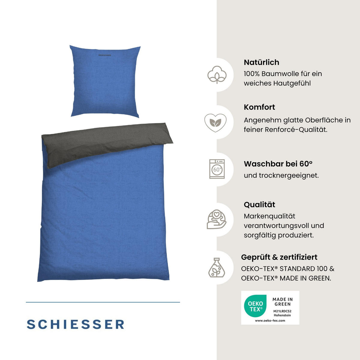 BETTWÄSCHESET Doubleface Renforcé 2-teilig 135x200 cm Blau-Dunkelgrau - Blau/Dunkelgrau, Textil (135/200cm) - SCHIESSER