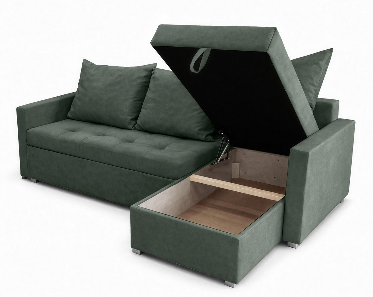ECKSOFA Universelle L Form Elif Grün 220/140/85 cm stilvolle mit Schlaffunktion - Silberfarben/Grün, Kunststoff/Textil (220/140cm) - AX Living