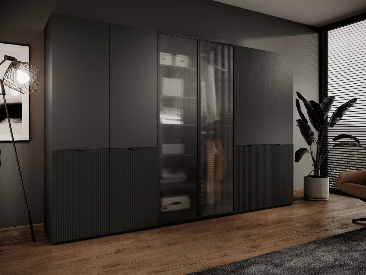 KLEIDERSCHRANK ZEN (Modular, Schwarz Matt, Schwarz & Geriffeltes Glas Flutes, 6-türig) - Schwarz, Holz/Holzwerkstoff (303/200/51cm) - Ravio