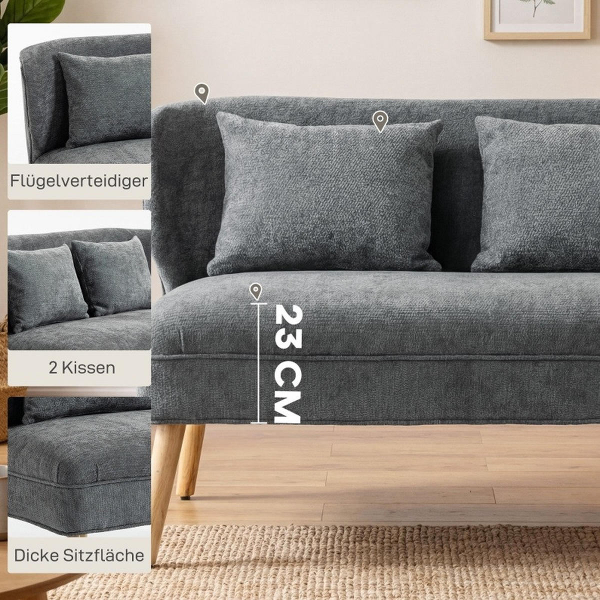 2-SITZER-SOFA aus Kautschukholz 117x65x78,5 cm in Grau mit Chenille-Bezug - Grau, Textil (65/78.5/117cm) - Modfu