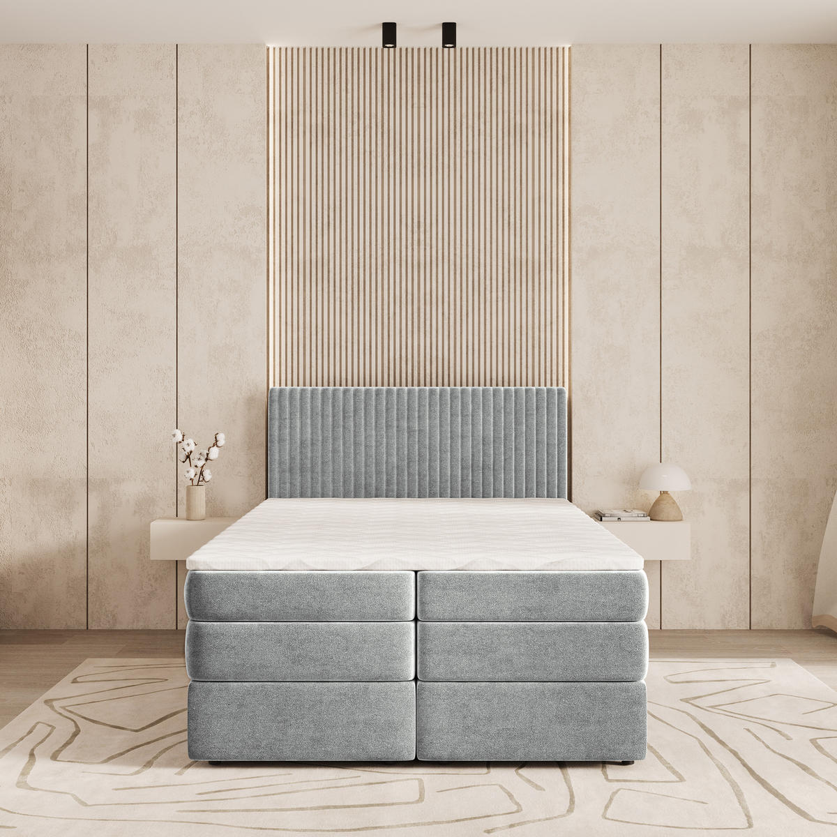 BOXSPRINGBETT FELBIO 140x200 cm mit Matratze und Topper - Hellgrau - Hellgrau, Holz (140/200cm) - MASSENO