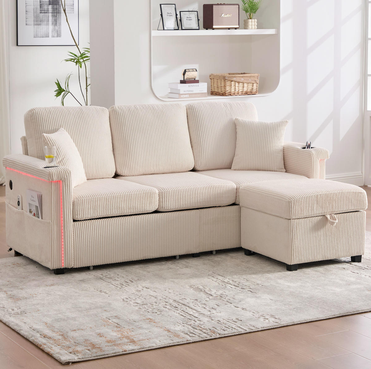 SOFA Corduroy mit LED und USB-Anschluss Stauraumschubladen auf Rollen 194/73/81 cm Beige - Beige, Textil (73/194cm) - Redom