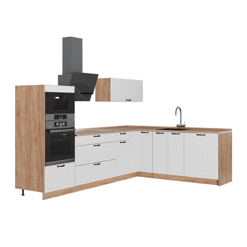 ECKKÜCHE Fame-Line, Weiß Landhaus/Goldkraft Eiche, 287 x 207 cm, AP Eiche - Honigeiche/Weiß, Holzwerkstoff (287/153.6/60cm) - Vicco