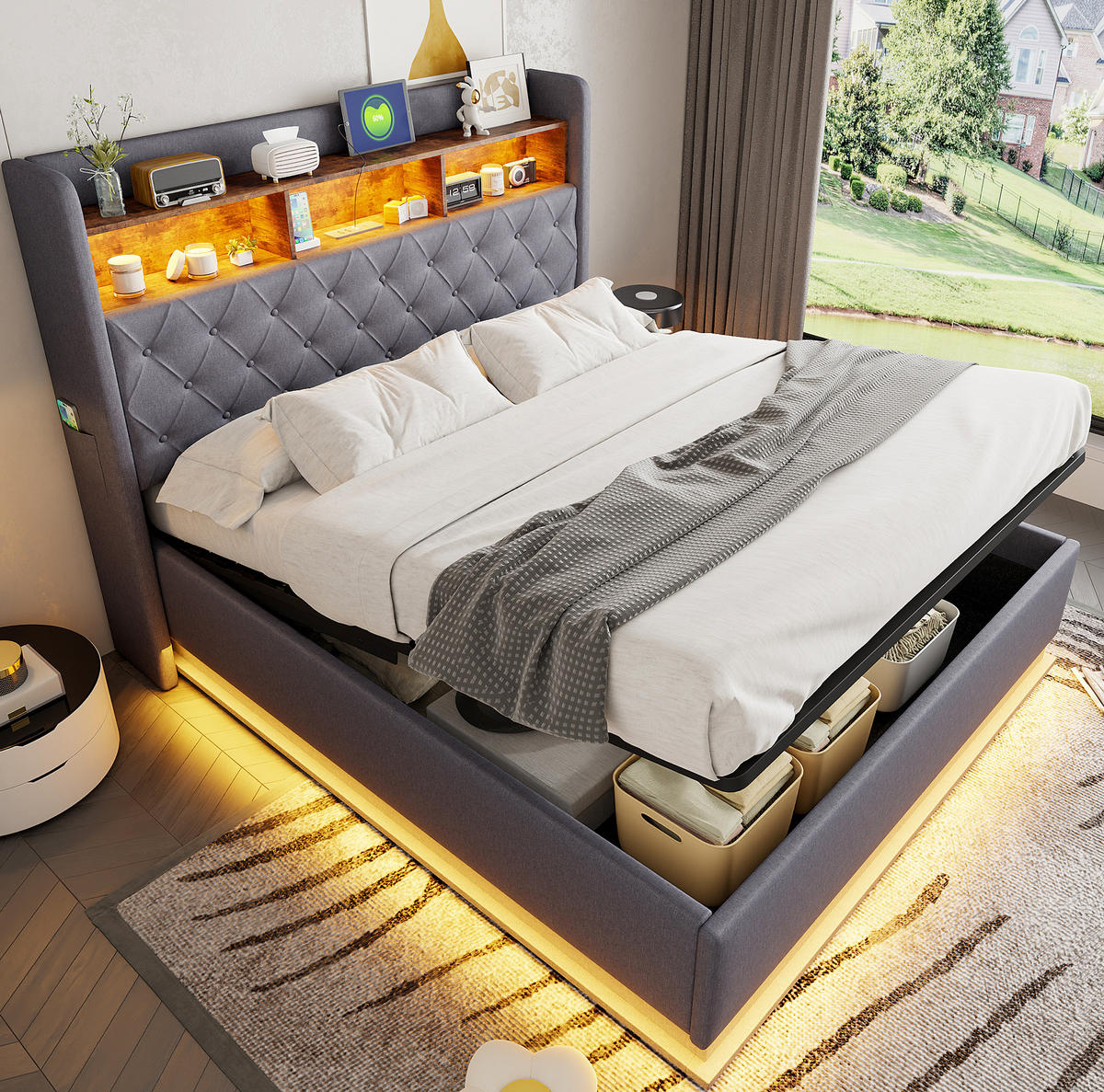 POLSTERBETT 160/200 cm Grau aus Leinenstoff mit Stauraum und USB-Anschluss - Grau, Textil (160/200cm) - OKMYHOME