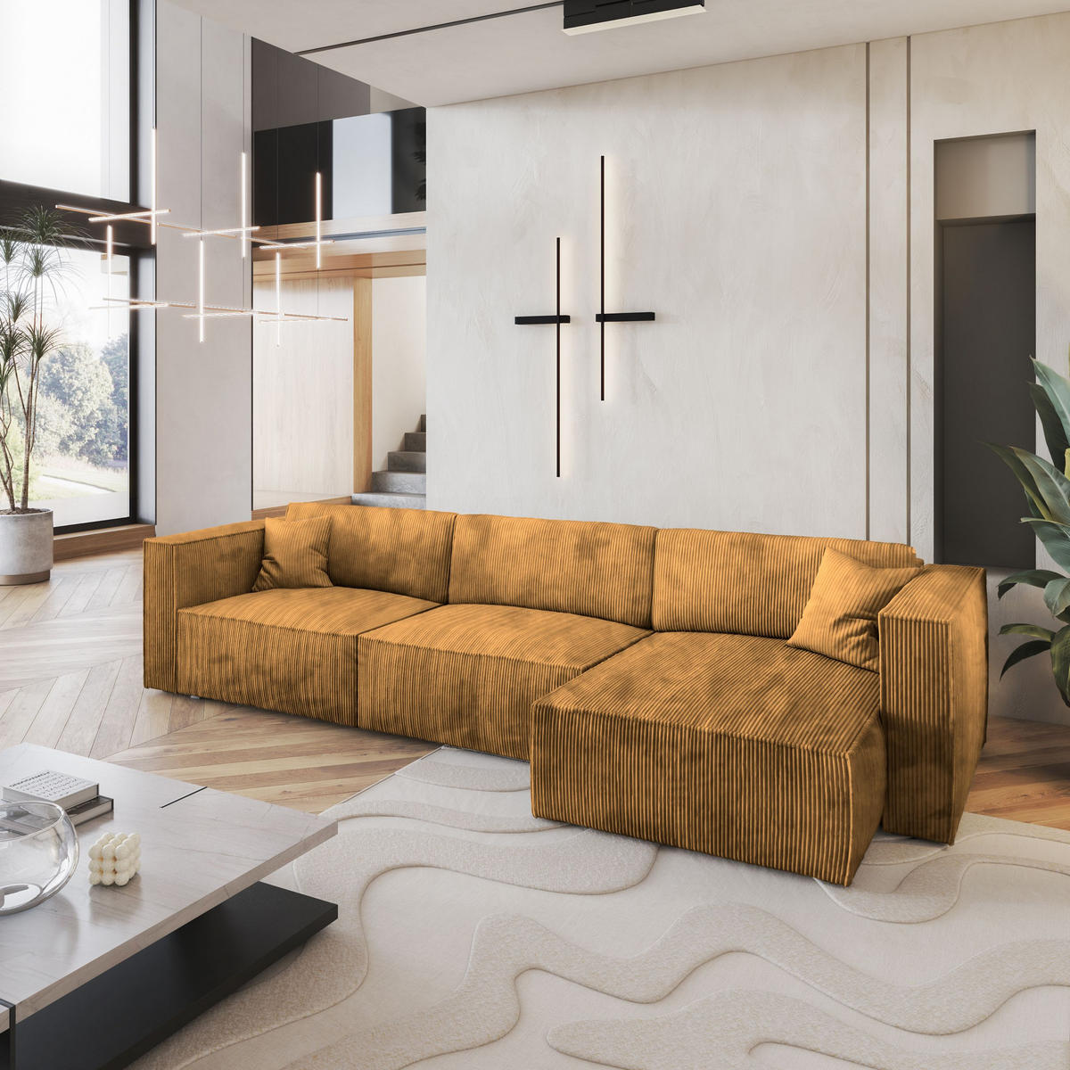 ECKSOFA TOLMO P Gelb Kordstoff mit Schlaffunktion - Gelb, Holz (347/148cm) - MASSENO