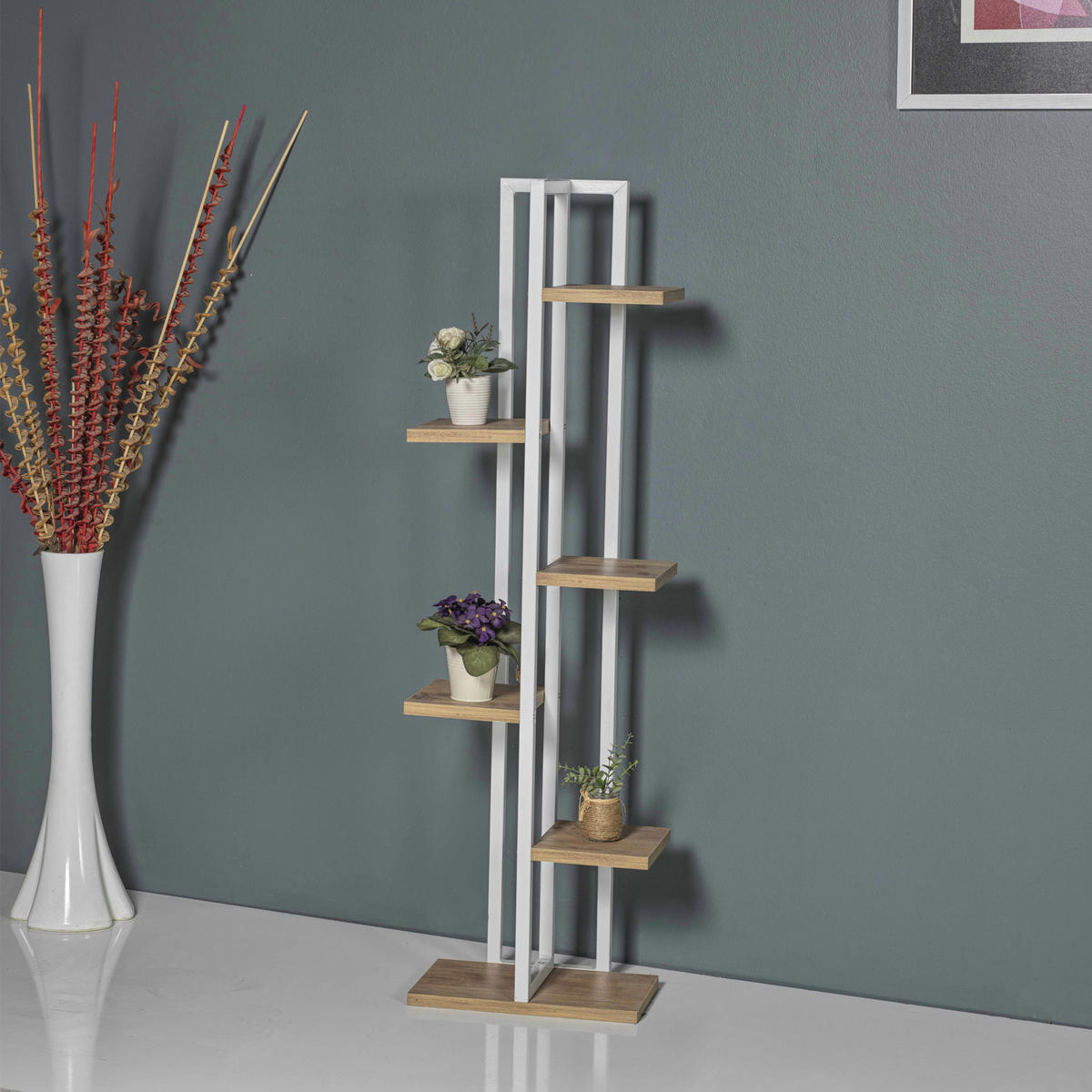 PFLANZENREGAL Tohmajärvi - Walnussfarben/Weiß, Holzwerkstoff/Metall (34/120/21cm) - [en.casa]