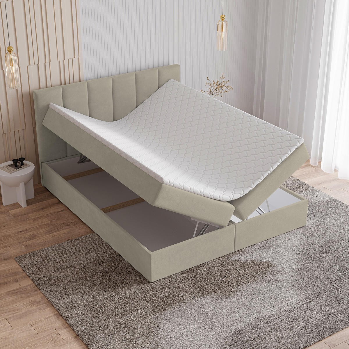 BOXBETT MERIL 180x200 cm mit Matratze und Topper - Beige - Beige, Holz (180/200cm) - MASSENO