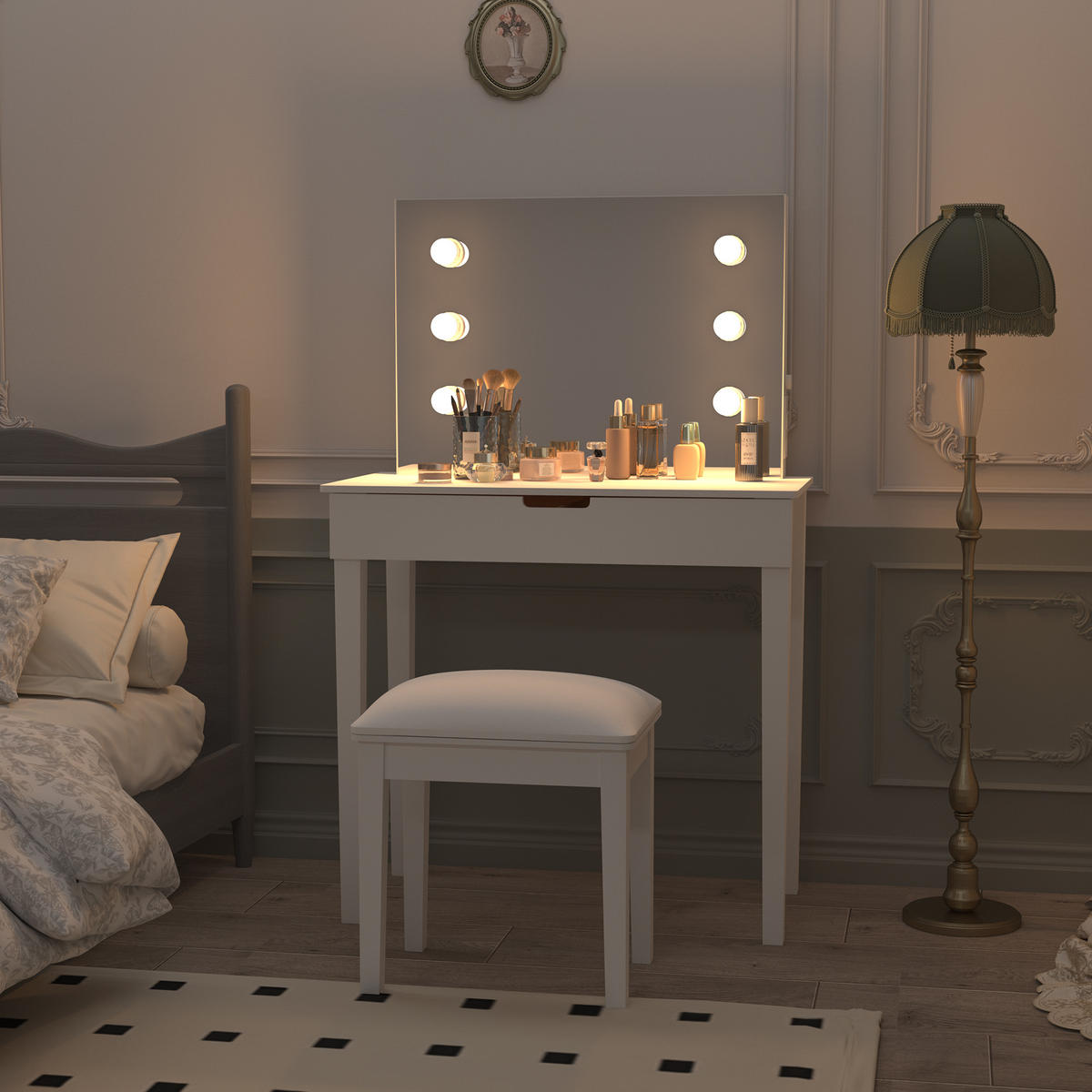 SCHMINKTISCH 100/40/75 cm weiß mit 6 LED-Leuchten höhenverstellbar - Weiß, Holzwerkstoff (125/40/80cm) - OKWISH