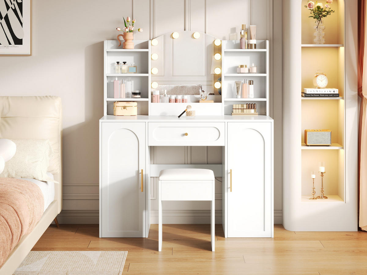 GROSSER Schminktisch mit LED-Spiegel, dimmbar, inkl. Hocker, 1 Schublade & 2 Türen, modern, Weiß, 110x40x132 cm - Weiß, Holz (40/132/110cm) - Ej. Life