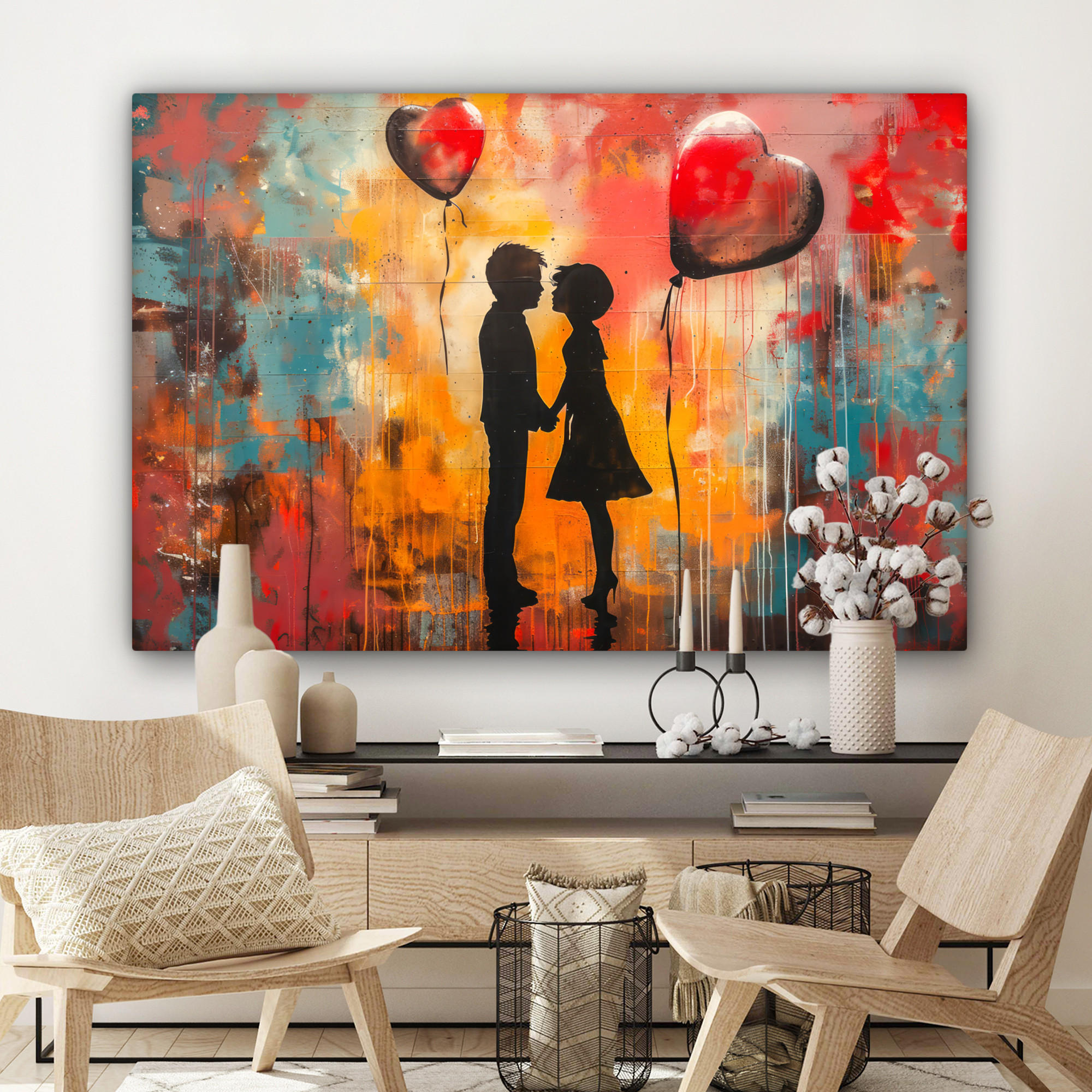 LEINWANDBILD Straßenkunst - Liebe - Graffiti - Kunst - Banksy Wohnzimmer 120x80 cm - Orange, Textil (120/80cm) - MuchoWow