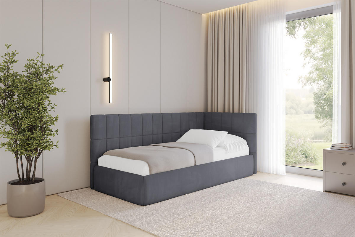 EINZELLBETT Jugendbett mit Bettkasten, Links - TULY 90x200 Dunkelgrau - Dunkelgrau, Holzwerkstoff/Textil (90/200cm) - ALTDECOR