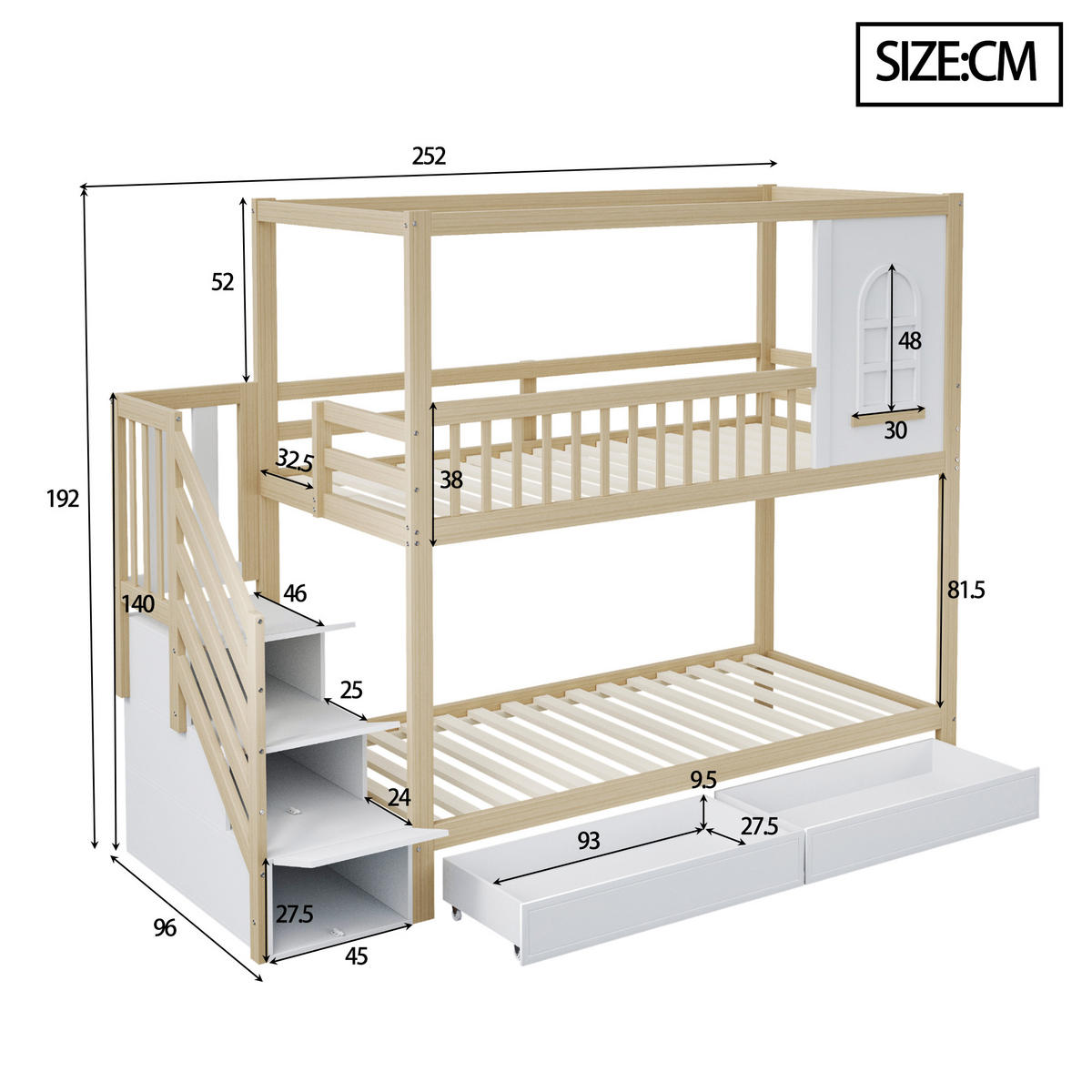ETAGENBETT 90/200 cm Massivholz mit Leitereinheit und Stauraum - Naturfarben, Holz (90/200cm) - OKWISH