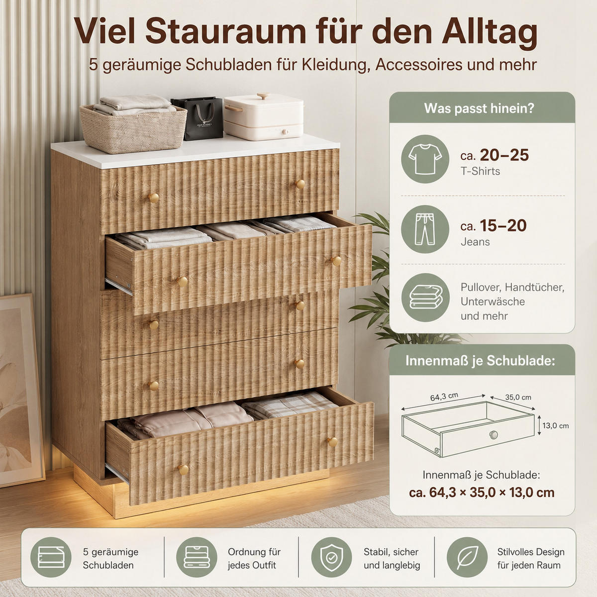 KOMMODE mit 5 Schubladen & Sockel‑LED, Eiche‑Weiß, 40/73/111cm - Eichefarben, Holz (73/111/40cm) - Joyfair