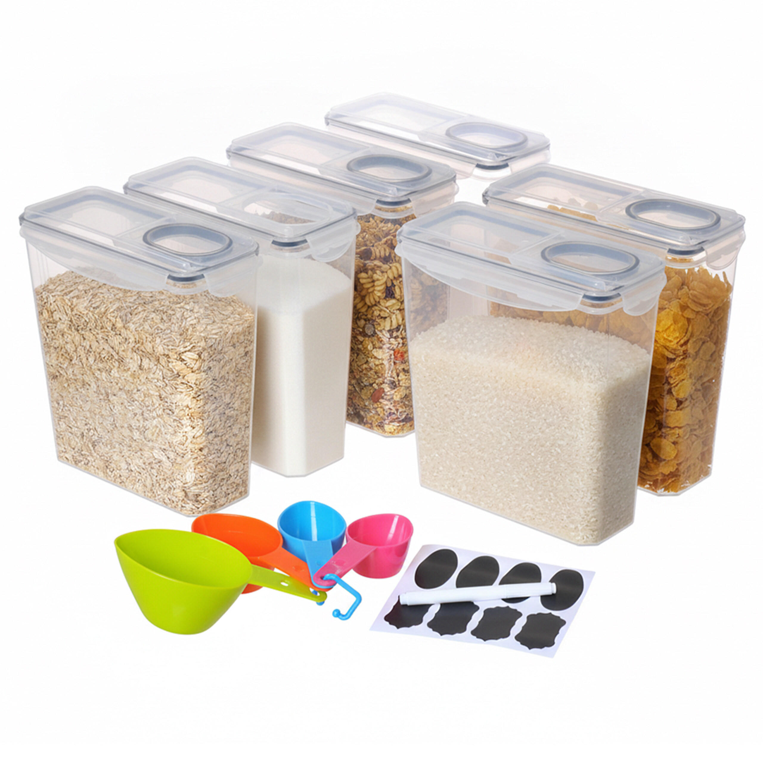 FÖRVARINGSBURKAR Transparent Svart 6-pack 3,7 l lufttäta - Transparent, Plast - Relaxdays