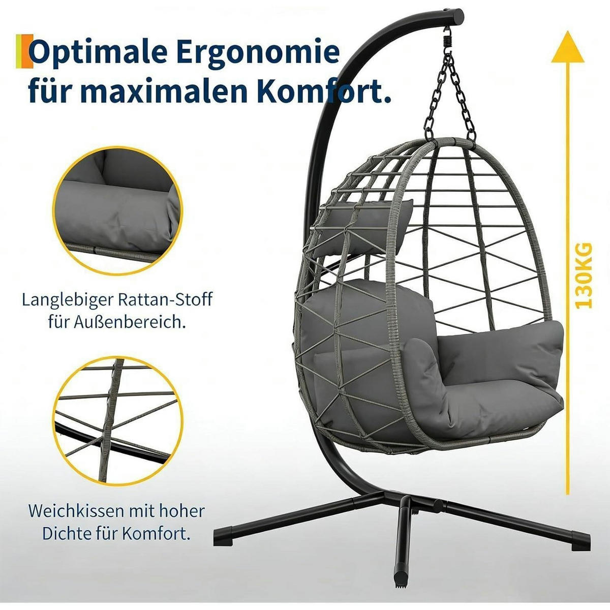 HÄNGESESSEL mit Gestell Outdoor Grau bis 150 kg - Grau, Naturmaterialien (106/196/105cm)