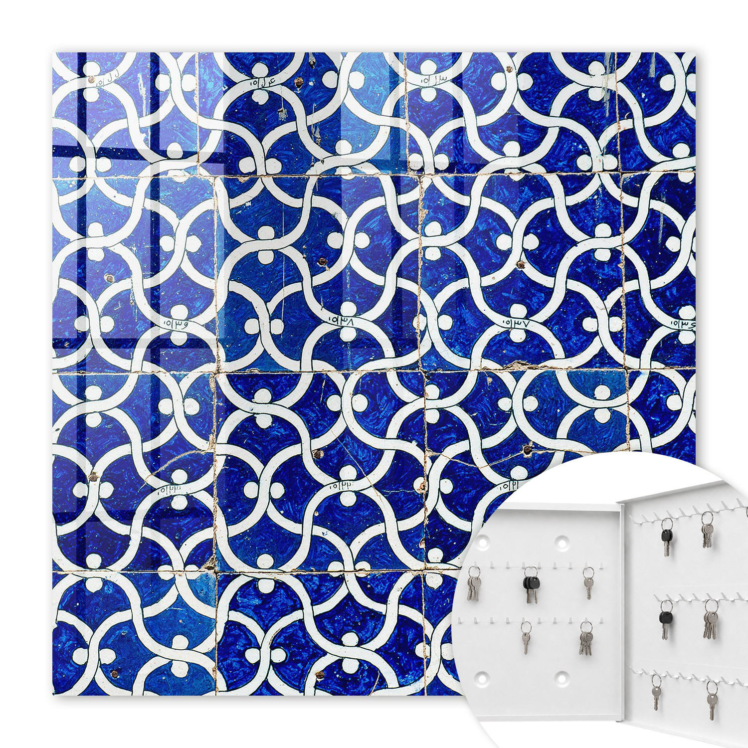 SCHLÜSSELBOX Weiß 30x30 cm – Türöffnung nach rechts - Geometrische Fliesen - Blau, Metall (30/30/5cm) - TULUP