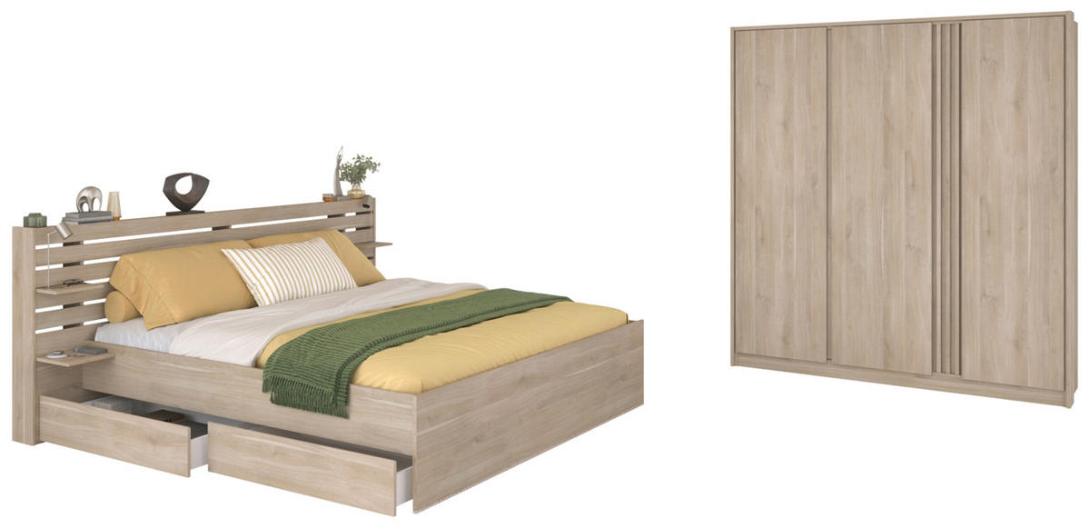 SCHLAFZIMMER-SET Eiche japanisch, Set 2-teilig mit Stauraumbett - Eichefarben, Holzwerkstoff/Metall (236/203/217cm) - Parisot Meuble