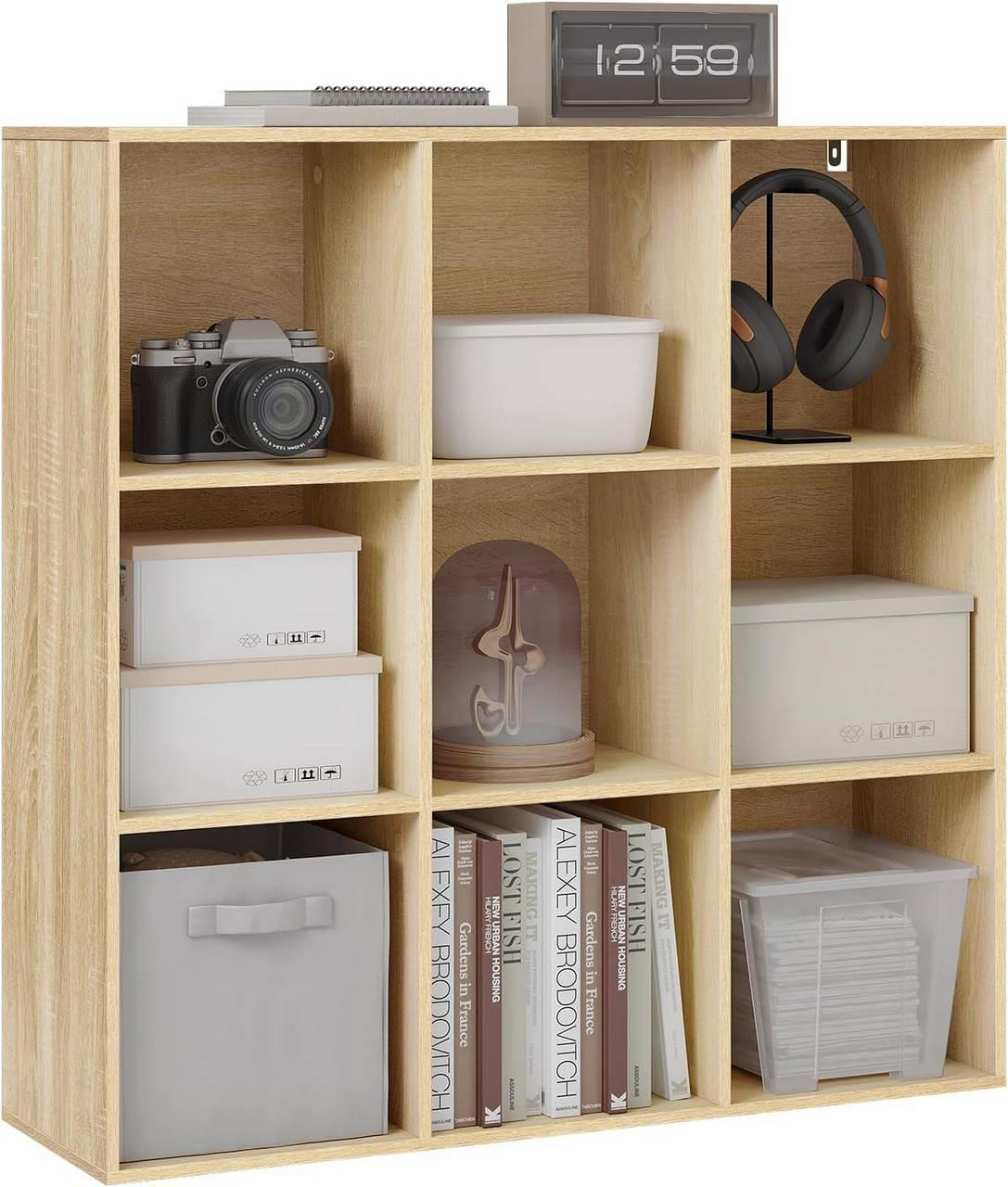 REGAL Bücherregal mit 9 Fächern, Standregal, Helle Eiche - Eichefarben, Holzwerkstoff (94/93/29.5cm) - Woltu