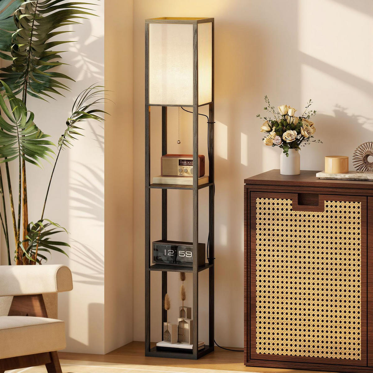 STEHLEUCHTE Beleuchtung E27 bis 40W mit 3 Regalen für Wohn-/Schlafzimmer Holz - Schwarz, Textil (26/26/160cm) - HOMCOM