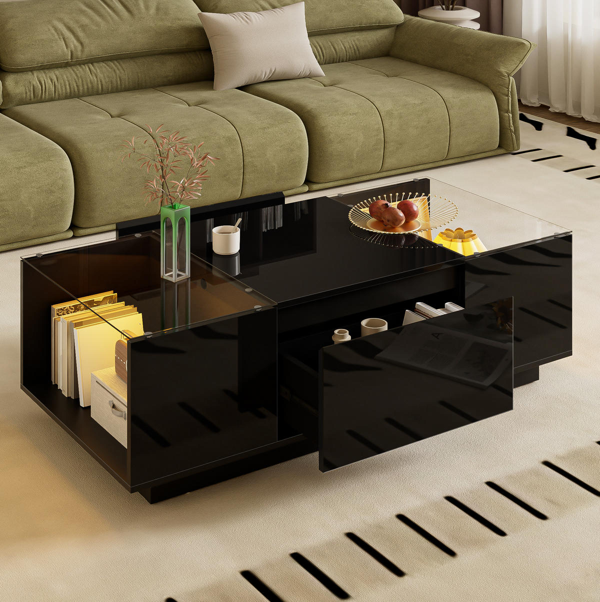 COUCHTISCH 105/50/35 cm schwarz aus Spanplatte mit LED-Beleuchtung - Schwarz, Holzwerkstoff (105/50/35cm) - OKMYHOME