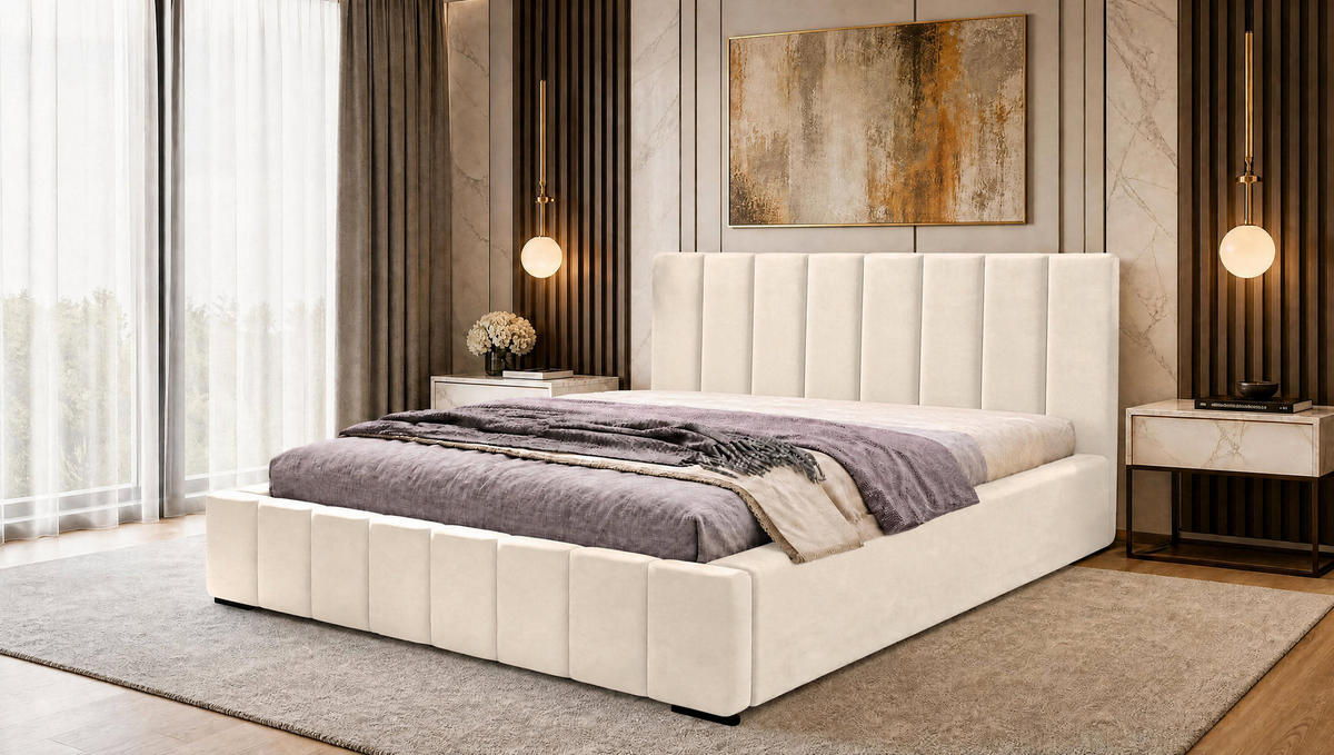 MARPUR Polsterbett NERO 180x200 cm mit Bettkasten und Lattenrost, Beige - Chromfarben/Beige, Holz/Holzwerkstoff (180/200cm) - Marpur