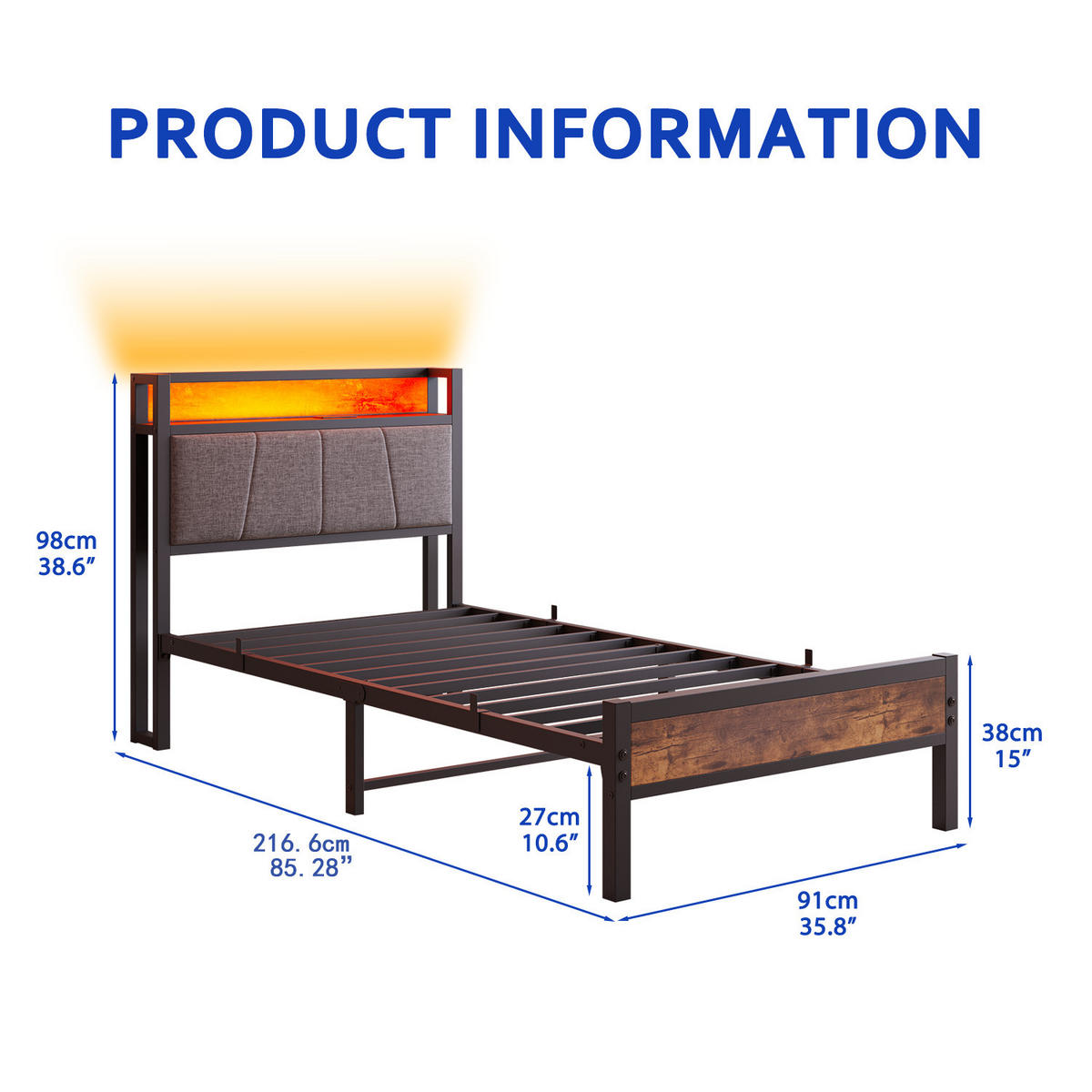 METALLBETT 90x200 cm LED USB Stauraum - Dunkelbraun, Holzwerkstoff (90/200cm) - Fortuna Lai