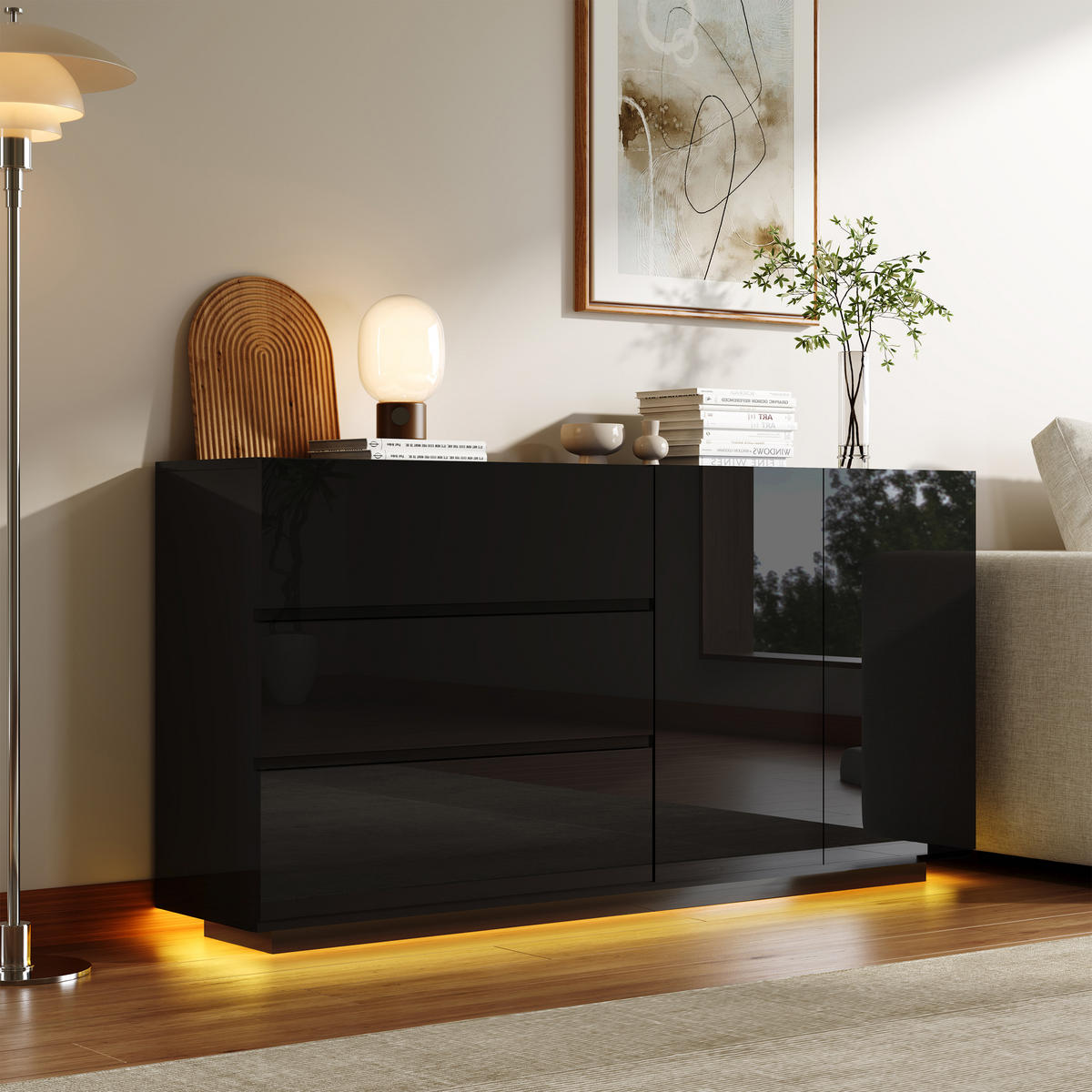 SIDEBOARD Schwarz Hochglanz 160 cm LED Kommode 2 Türen 3 Schubladen Modern - Schwarz, Holz (160/76/35cm)