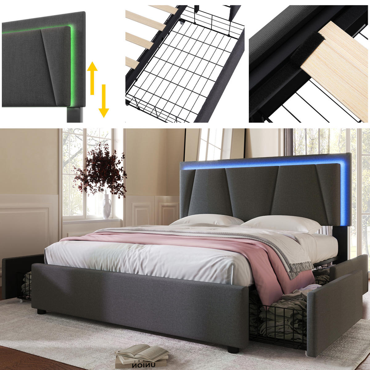 POLSTERBETT 140/200 cm grau mit LED-Beleuchtung und höhenverstellbarem Kopfteil - Grau, Holz (140/200cm) - OKWISH