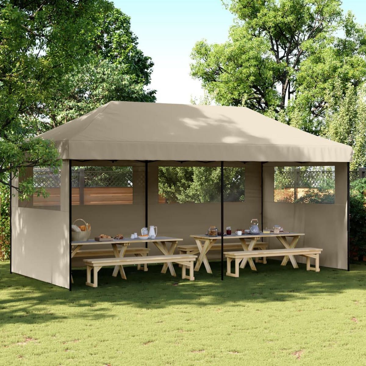 PARTYZELT Faltbar Pop-Up Mit 3 Seitenteilen Taupe - Schwarz, Textil (292/315/580cm) - vidaXL