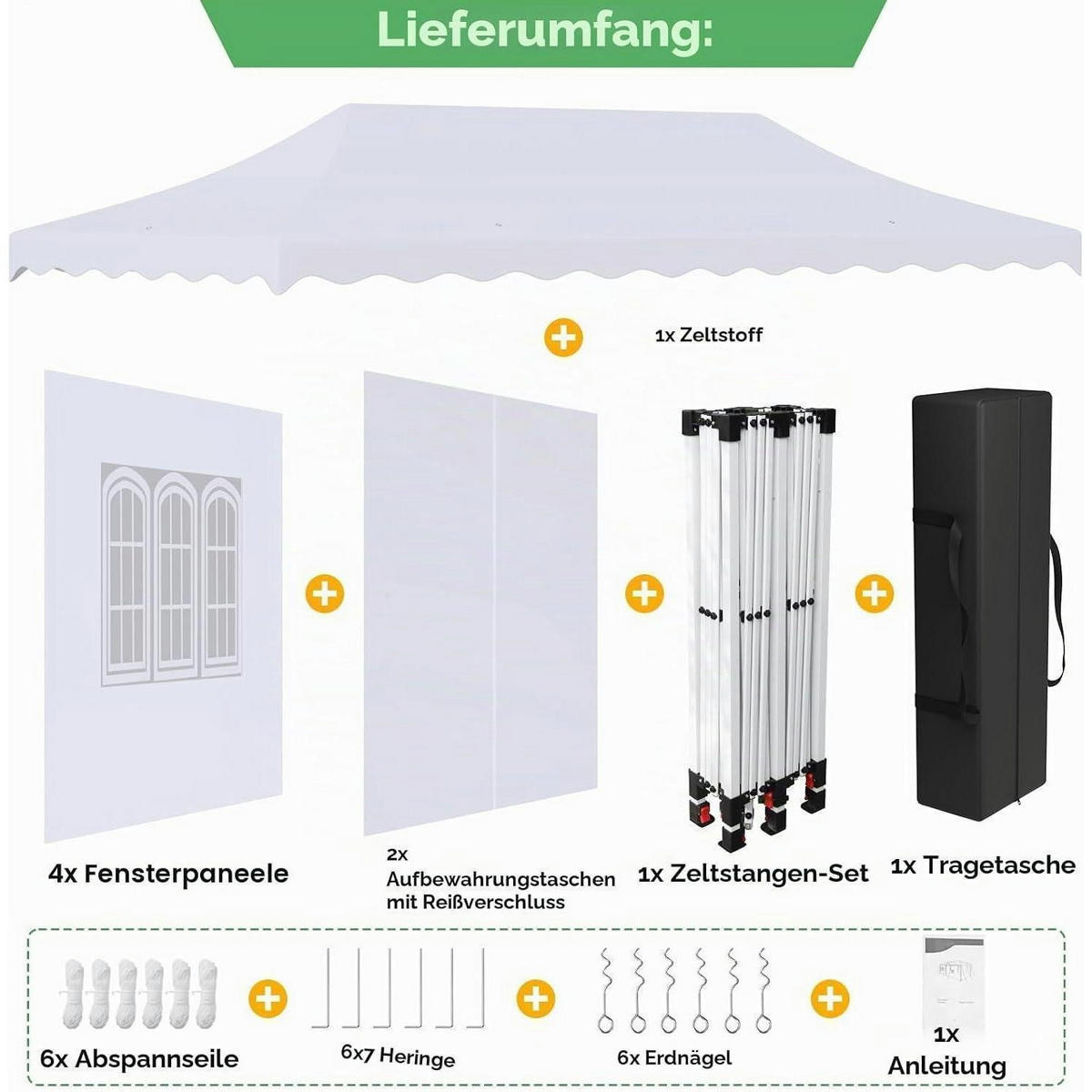 PAVILLON 3x6 m Wasserdicht Höhenverstellbar mit 6 Seitenteilen Weiß - Weiß, Textil (300/270/600cm)