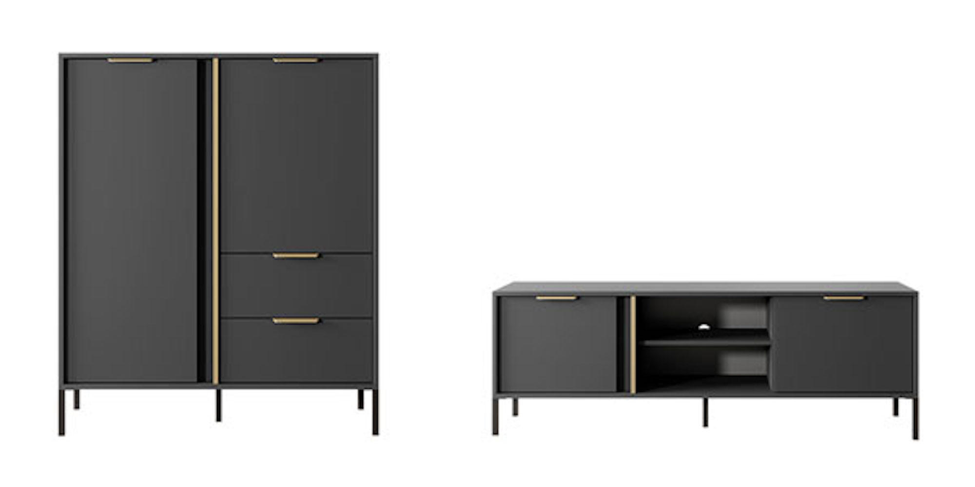 WOHNZIMMER-SET Lars anthrazit/gold 2-teilig - Anthrazit/Grau, Holz/Holzwerkstoff (256.4/123.4/39.5cm) - Feldmann-Wohnen