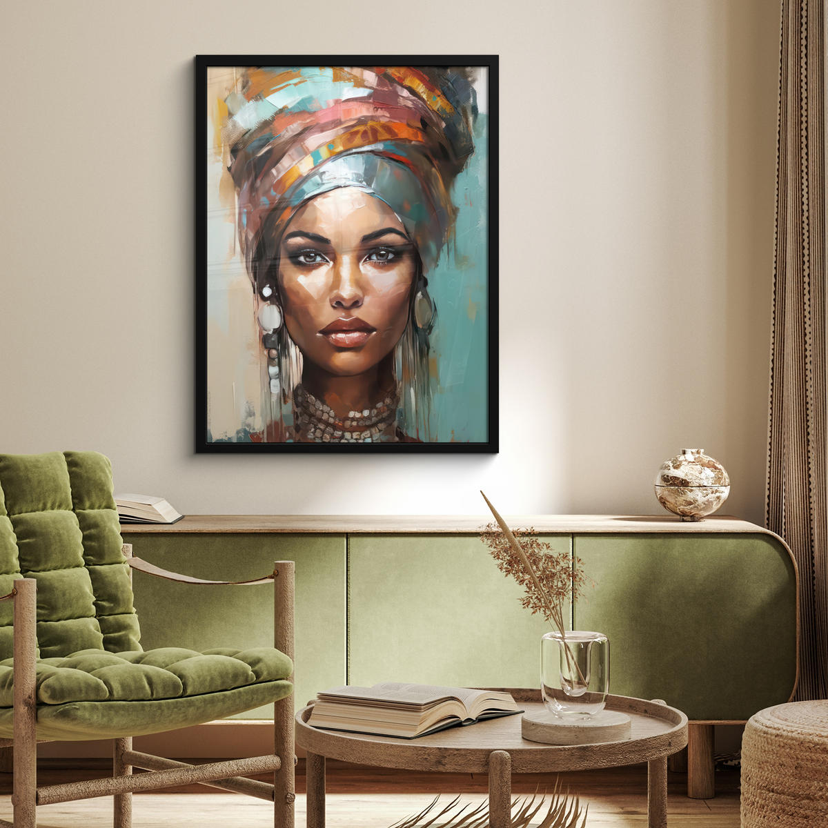 GERAHMTES BILD Frau - Kunst - Schmuck - Porträt 60x80 cm - Blaugrau, Papier (60/80cm) - MuchoWow