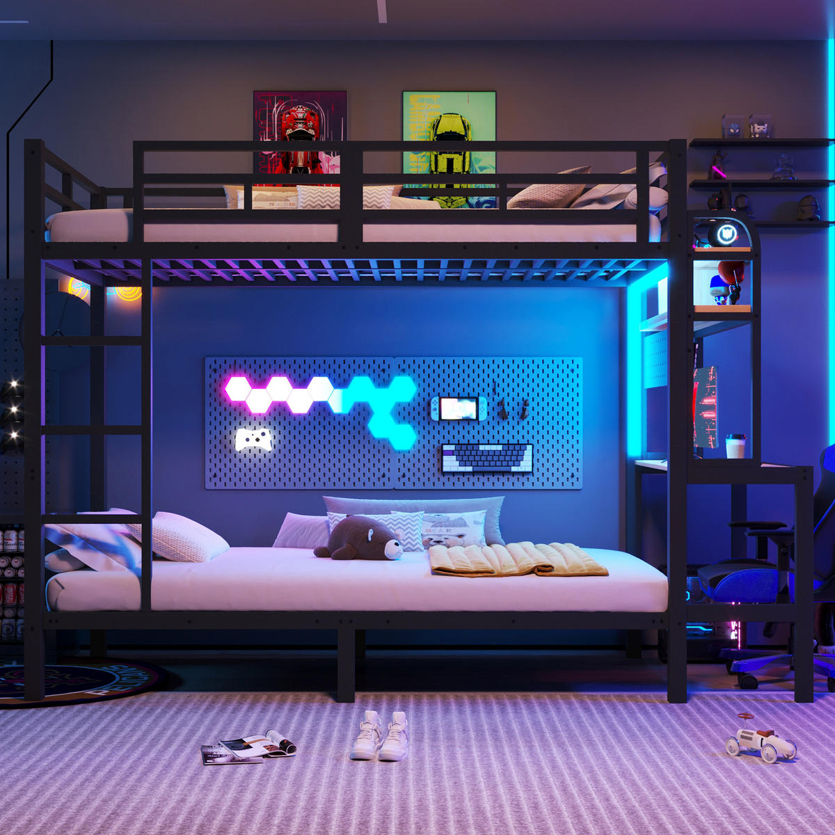 ETAGENBETT 90/200 cm in Schwarz mit Schreibtisch, Ablage, LED und USB - Schwarz, Holzwerkstoff/Metall (90/200cm) - STILVORA