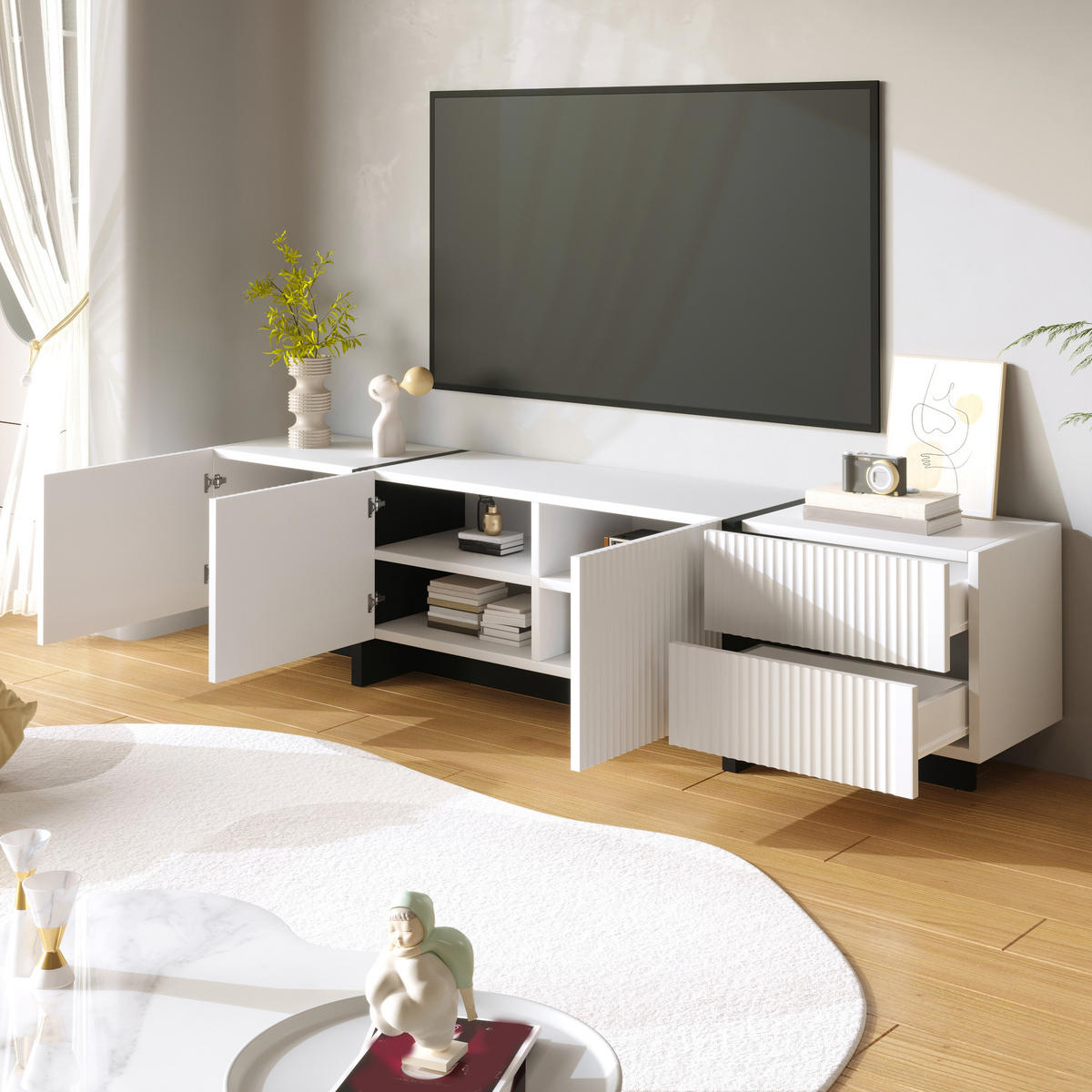 TV-SCHRANK Lowboard 190 cm 3 Türen 2 Schubladen - Schwarz, Holz (190/45/35cm) - Fortuna Lai