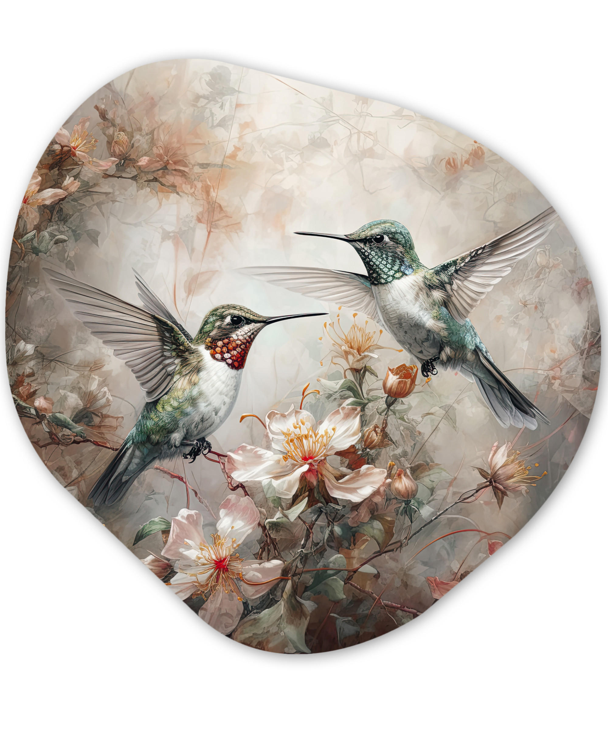 WANDBILD Kolibri - Vögel - Blumen - Pflanzen 90x90 cm - Hellgrün, Kunststoff (90/90cm) - MuchoWow