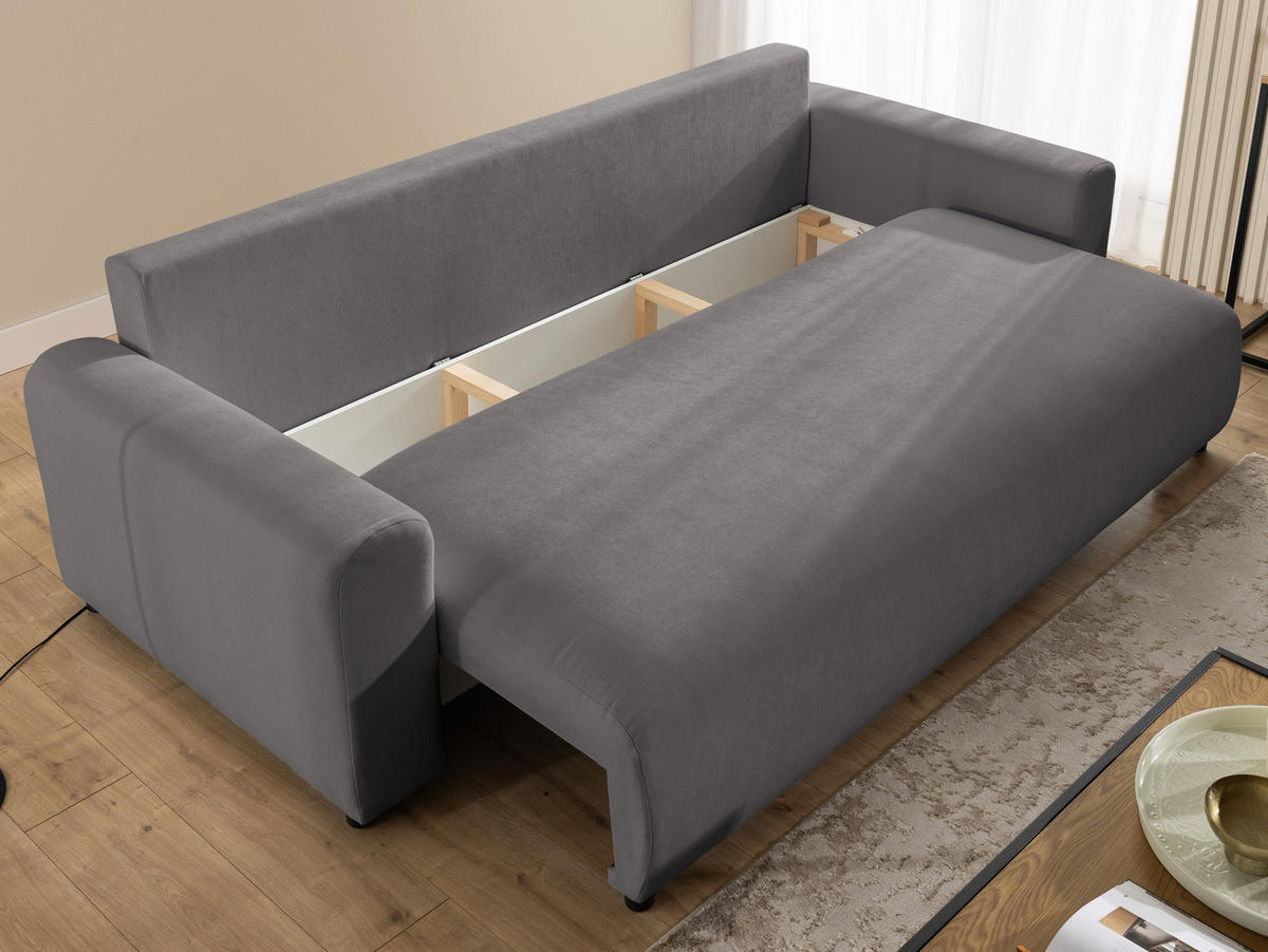 SCHLAFSOFA Calma mit Bettkasten im Bumpy-Design aus weichem Taupe Webstoff - Taupe/Schwarz, Holz/Kunststoff (239/88/98cm) - S-Style