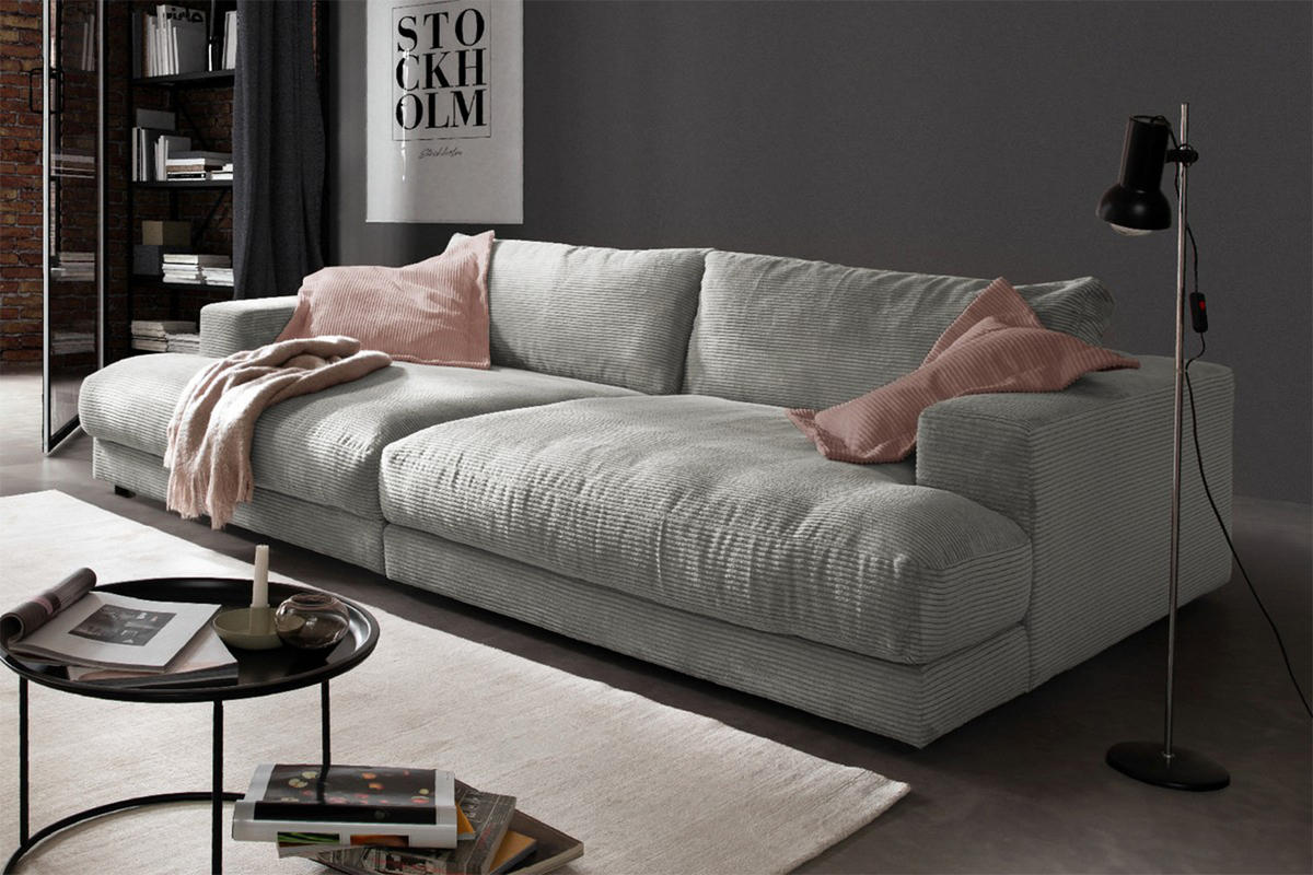 BIG SOFA XL MADELINE Hellgrau Cord - Hellgrau/Schwarz, Kunststoff/Textil (290/85/190cm) - KAWOLA