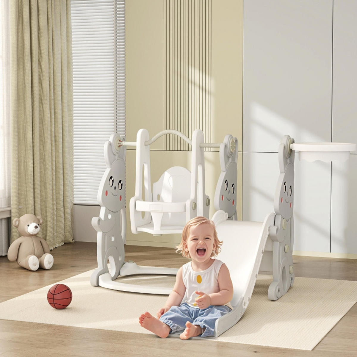 KINDERRUTSCHE 4-in-1 mit Schaukel und Basketballkorb für 1,5–4 Jahre Grau - Grau, Kunststoff (147.5/107/160cm) - Korfee