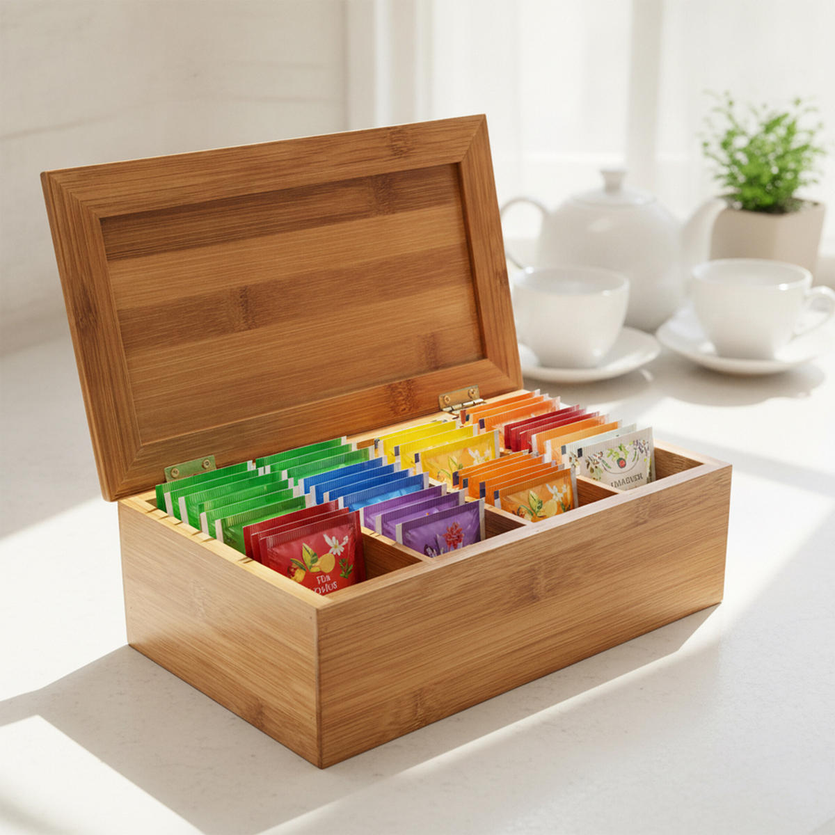 TEEBOX Natur Bambus lackiert 4 Fächer 27,5x15,5x9 cm - Hellbraun, Holz (16/9/28.5cm) - Relaxdays