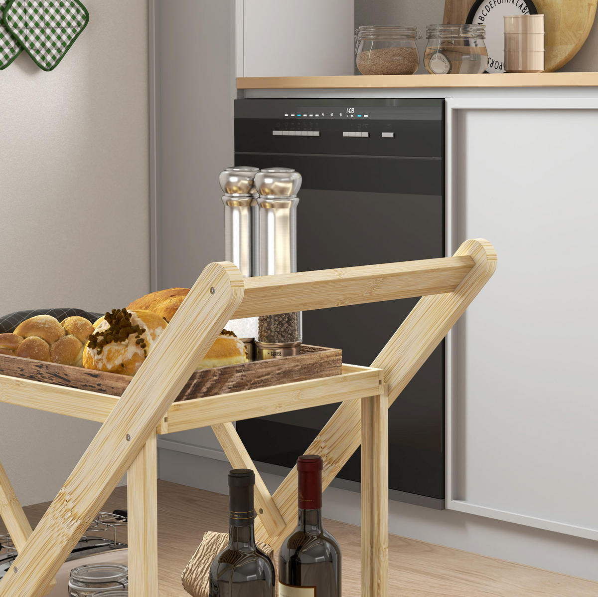 KÜCHENINSEL 66/40/70 cm klappbar mit Rollen, 2 Ablagen und Weinregal aus Bambus, Natur - Hellbraun, Naturmaterialien (66/70/40cm) - Redom