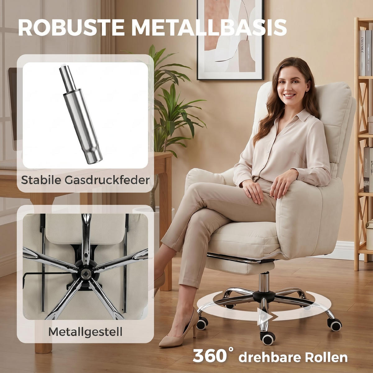 KONTORSSTOL i tvättsvampmönstrat stål, krämvit - Cremefärgad, Textil/Metall (73/119/73cm) - HOMCOM