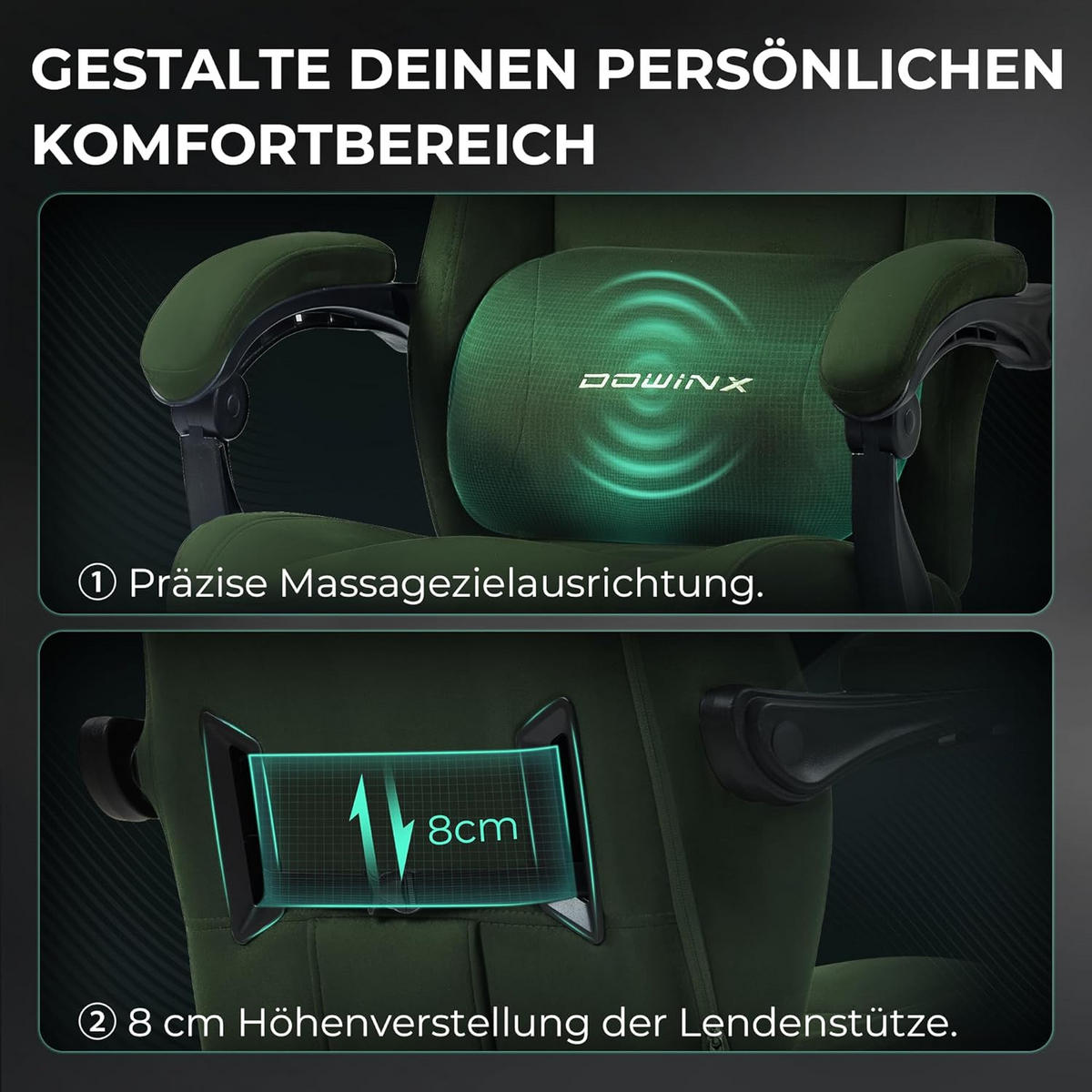 GAMING-STUHL Mikrofaser-Velours & Lendenkissen, Fußstütze 160° Neigbar - Grün, Leder (70/132/70cm)