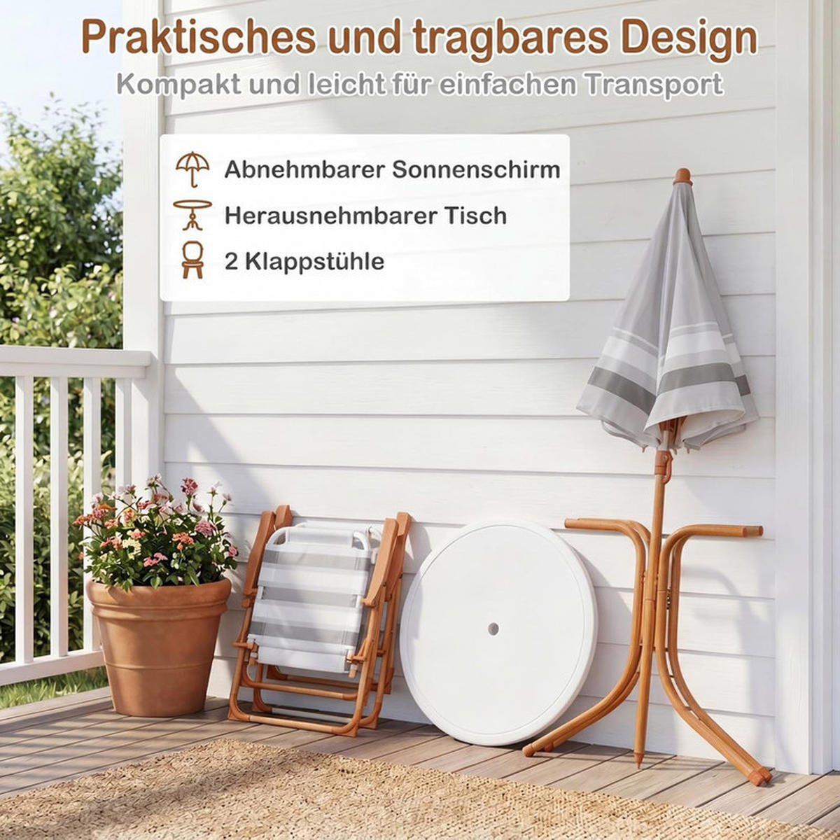 KINDER-SITZGRUPPE mit Sonnenschirm natur(4-tlg) - Naturfarben, Metall - COSTWAY