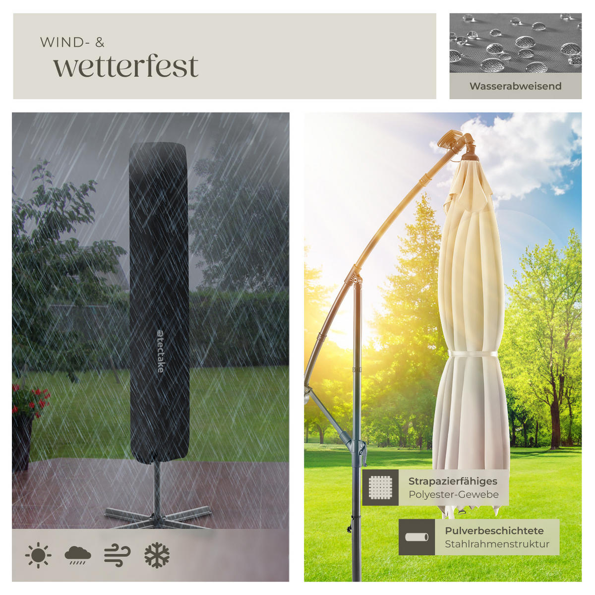 SONNENSCHIRM Sunna,wasserabweisend, inkl. Windsicherung und Schutzhülle,beige - Beige, Kunststoff (250/300cm) - tectake