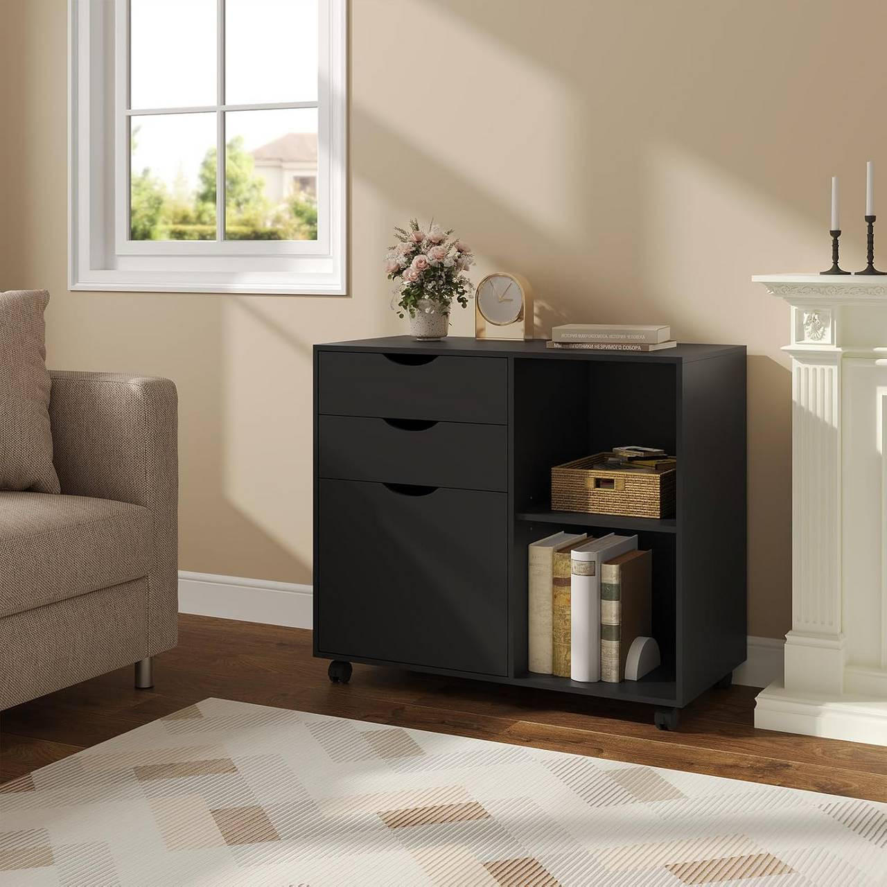 Thumbnail - Woltu Rollcontainer, Schwarz, Holzwerkstoff, 1 Fächer, 3 Schubladen, Rechteckig, 80x69.5x39.5 cm, Arbeitszimmer, Contain...